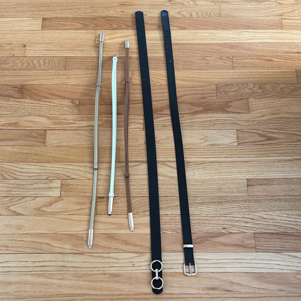 Set Of Black Brown Gold And White Belts With Gold Buckles